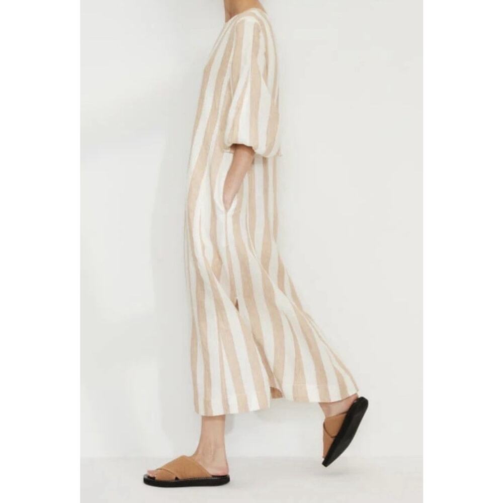 Everlane Linen A-Line Midi Dress Bone White/Caramel Stripe Size 00 Lagenlook